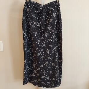 Vintage 90s Floral Maxi Skirt Black White Tie Waist 10 12 Whimsical Pockets